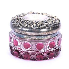 Powder Box, Brilliant Period Cut Glass, Amethyst Cut To Clear Cane Pattern