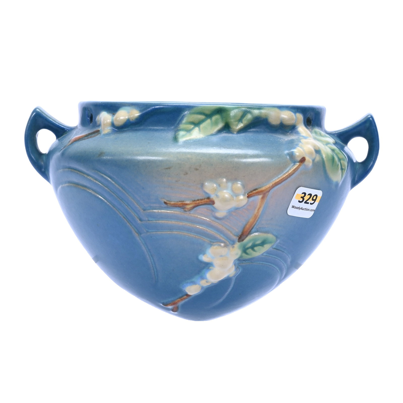 Hanging Basket, Unmarked Roseville Art Pottery, Snowberry Pattern: Hanging Basket, Unmarked Roseville Art Pottery, Snowberry Pattern, 5.5" x 8.25", Blue Tones, Grady And Annette Hite Collection, NC.