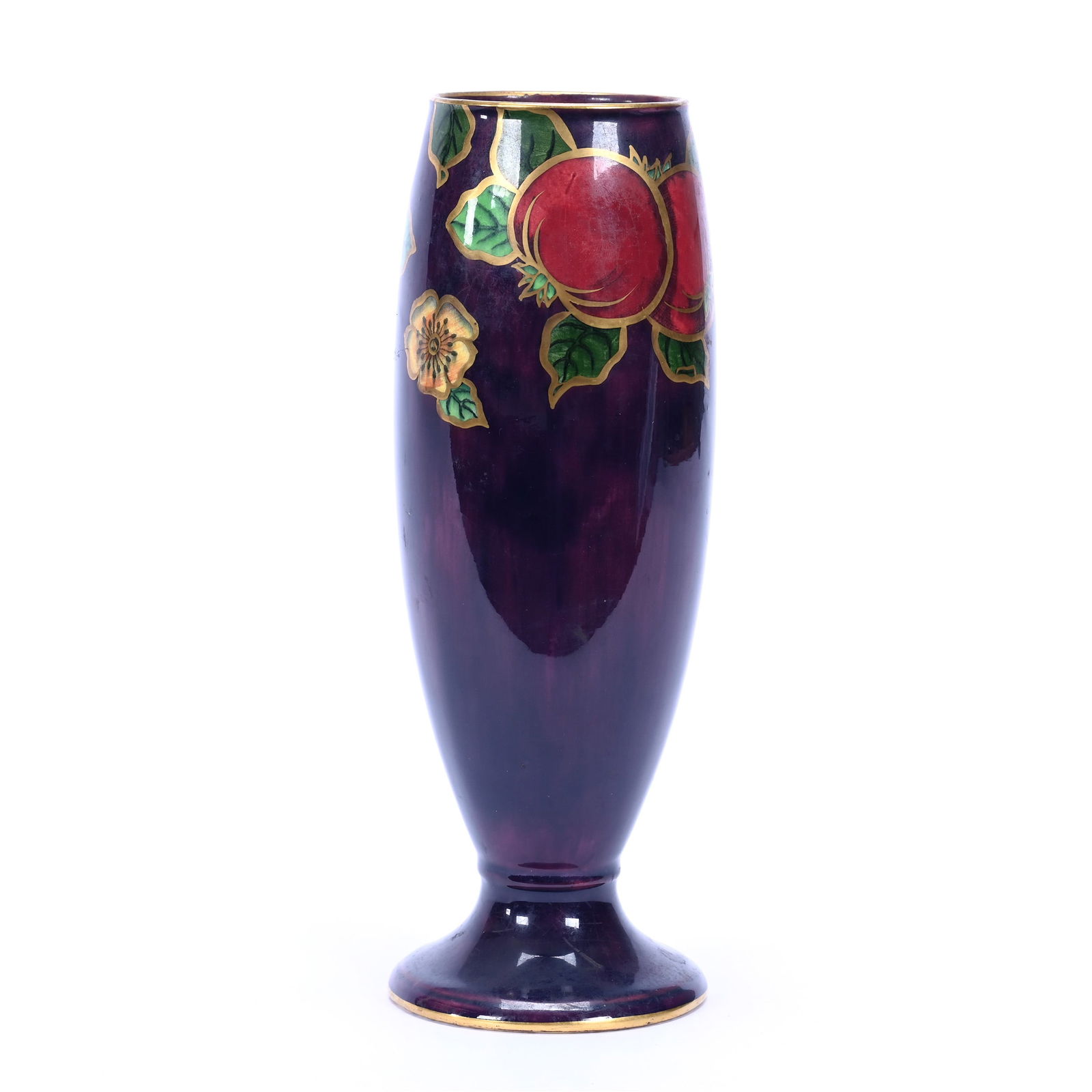 Vase Marked Regal Pottery, Stoke On Trent: Vase Marked Regal Pottery, Stoke On Trent, 9.25" x 3.25", Iridescent Lavender Ground, Fruit Decor, Titled "Le Fruit", Grady And Annette Hite Collection, NC.