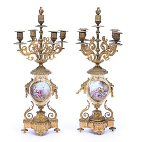 Pair Candelabra, Five Arm, Hand Painted Sevres Style Body