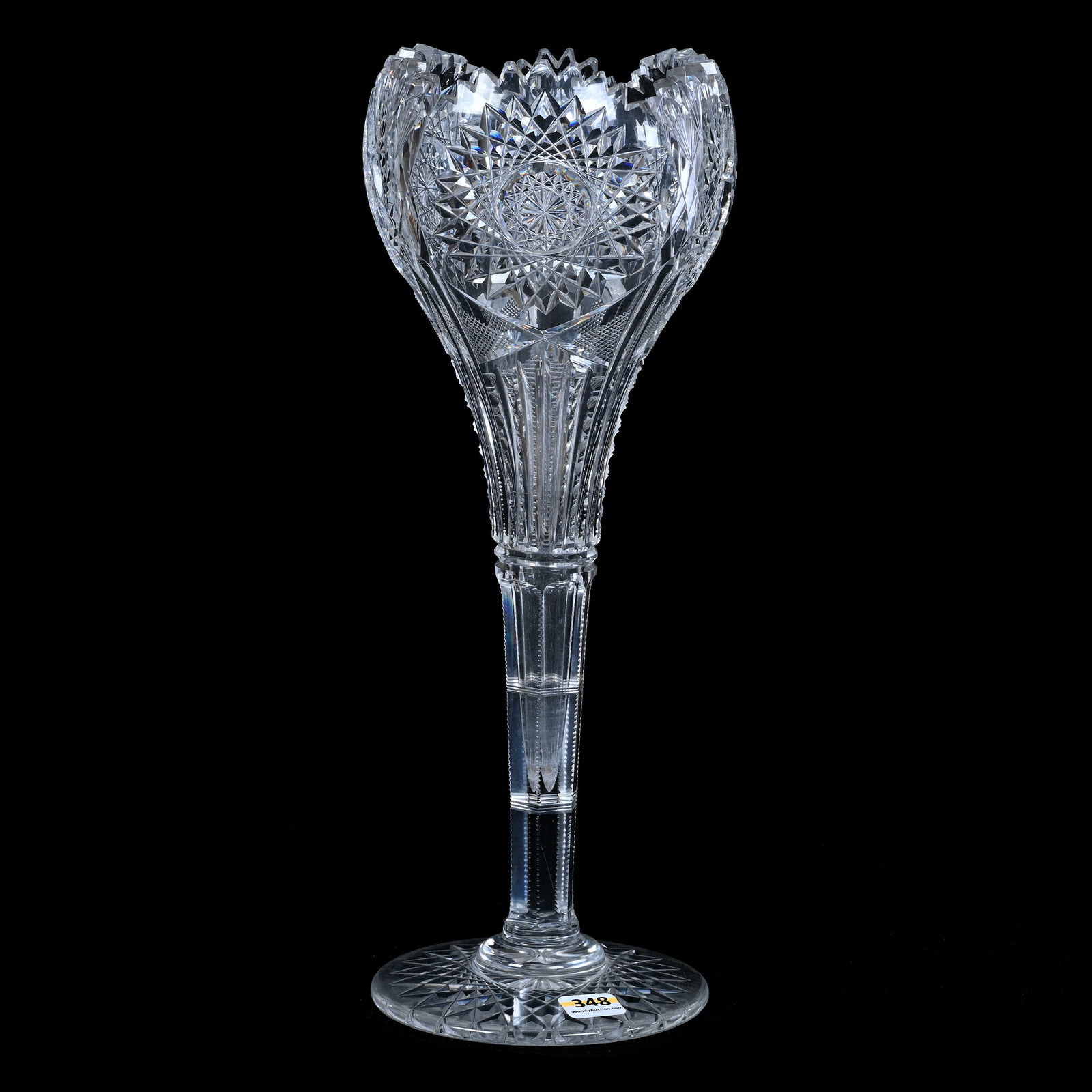 Tulip Shaped Vase, ABCG, Hobstar, Prism And Strawberry Diamond, Channel And Fan Motif: Tulip Shaped Vase, American Brilliant Cut Glass, Hobstar, Prism And Strawberry Diamond, Channel And Fan Motif, 14" x 5", Hobstar Foot, One Tooth With Sliver Chip, Grady And Annette Hite Collection, NC