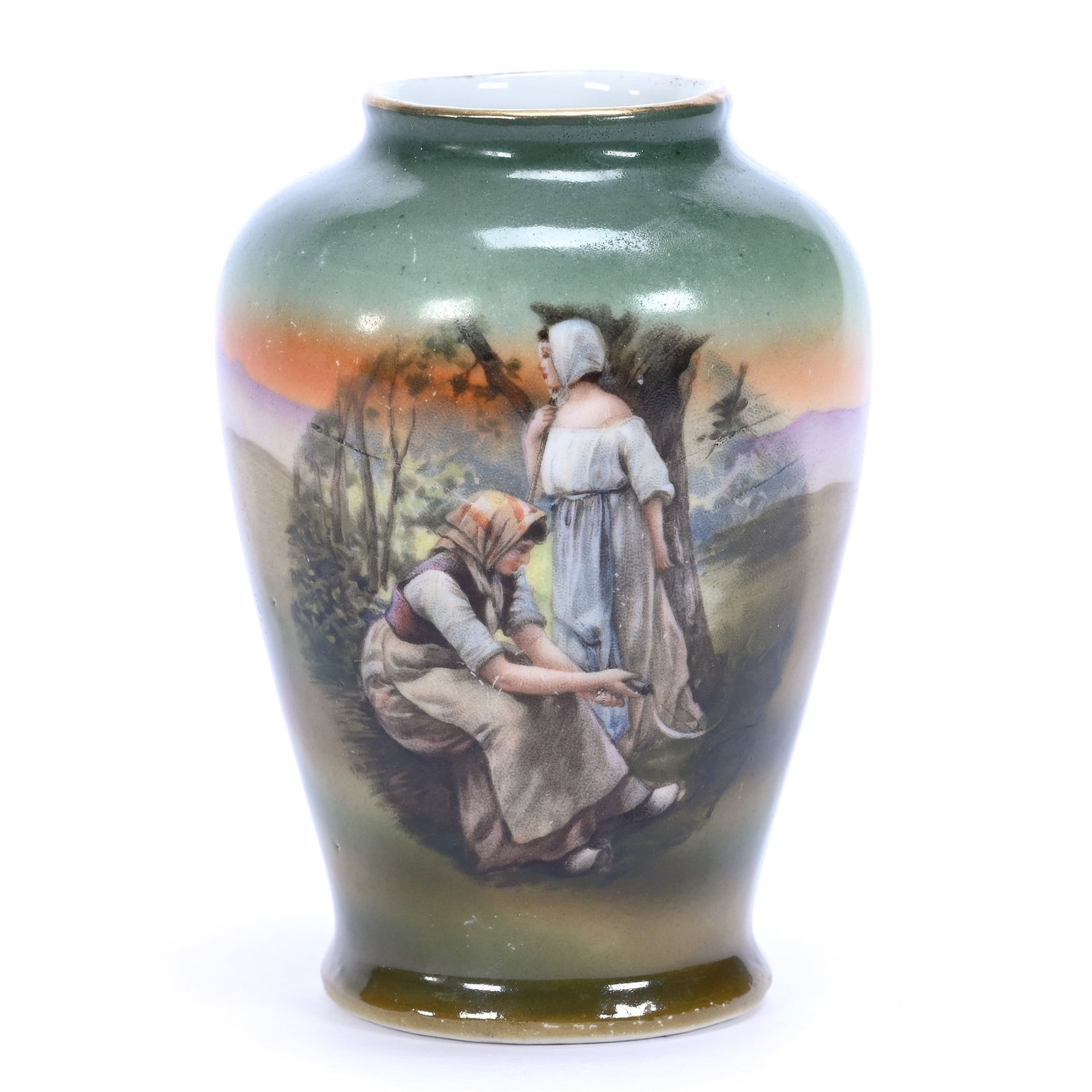 Vase, Unmarked Royal Bayreuth, Dutch Scenic Decor: Vase, Unmarked Royal Bayreuth, Dutch Scenic Decor, 3" x 2", Green Tones, Grady And Annette Hite Collection, NC.
