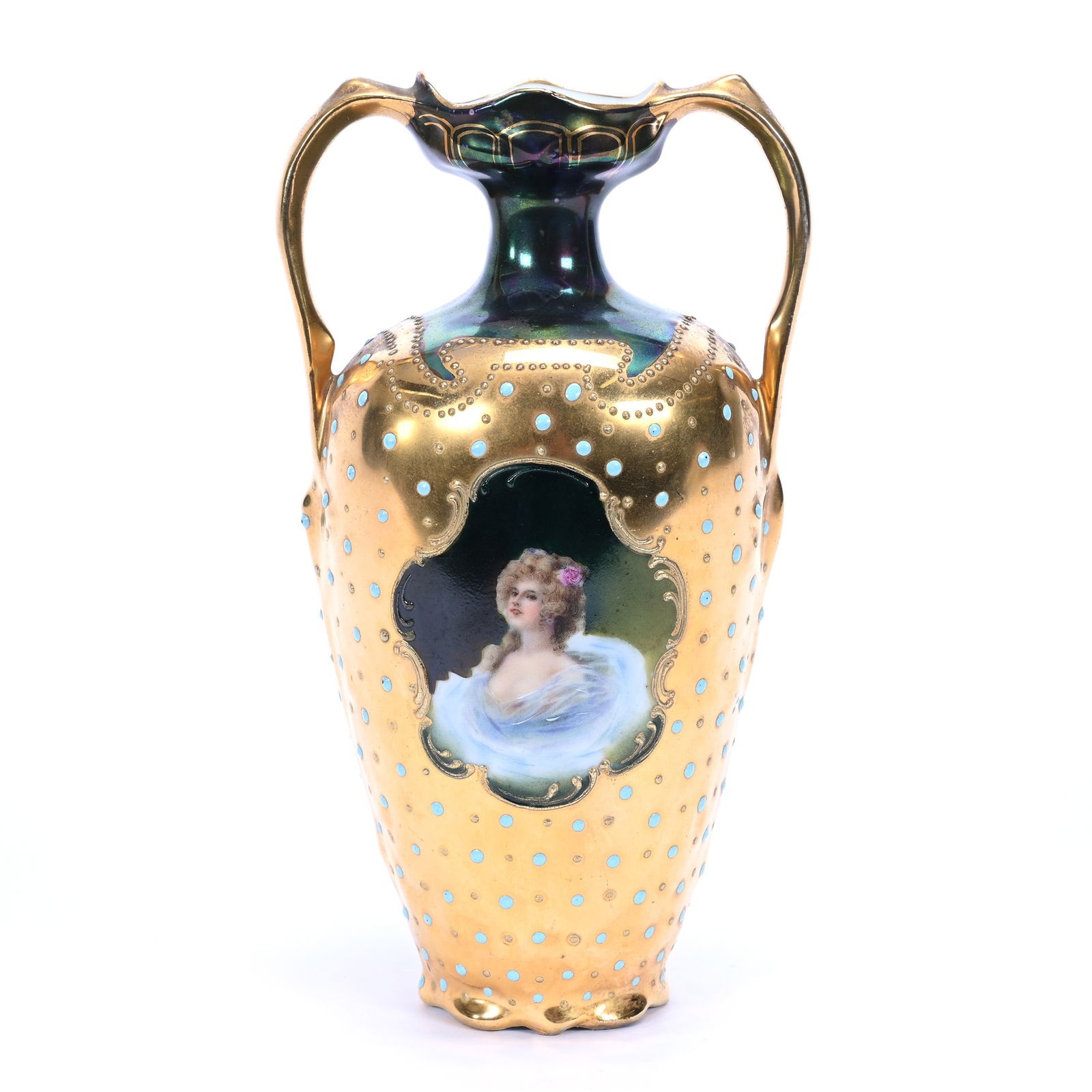 Vase, Two Handles, Marked Prov Saxe, Gold And Green Tiffany (1 of 3)