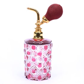 Oversized Atomizer, Brilliant Period Cut Glass, Red Cut To Clear, Cane Pattern