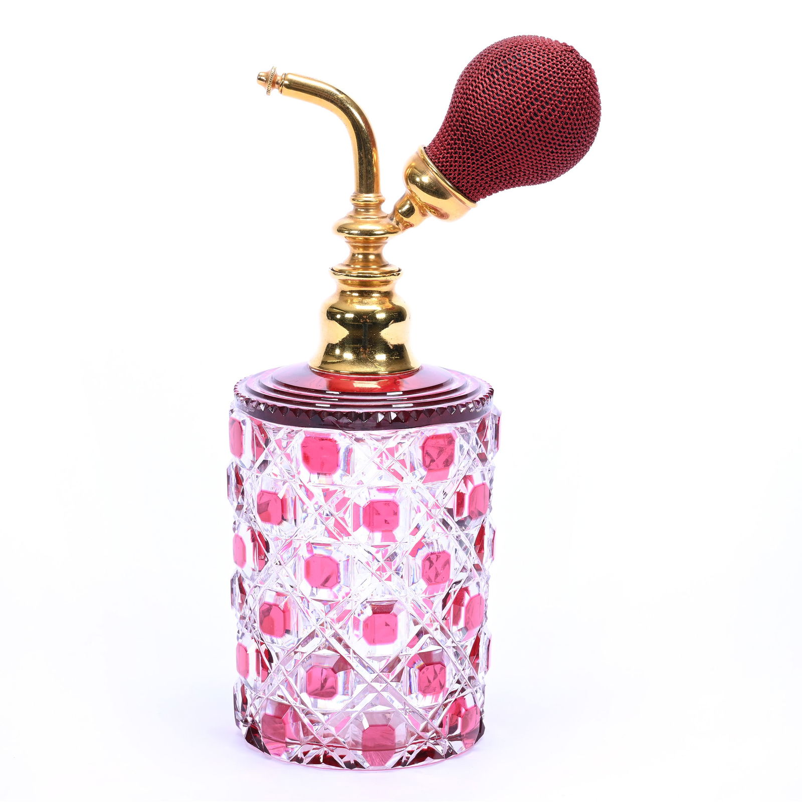 Oversized Atomizer, Brilliant Period Cut Glass, Red Cut To Clear, Cane Pattern (1 of 3)