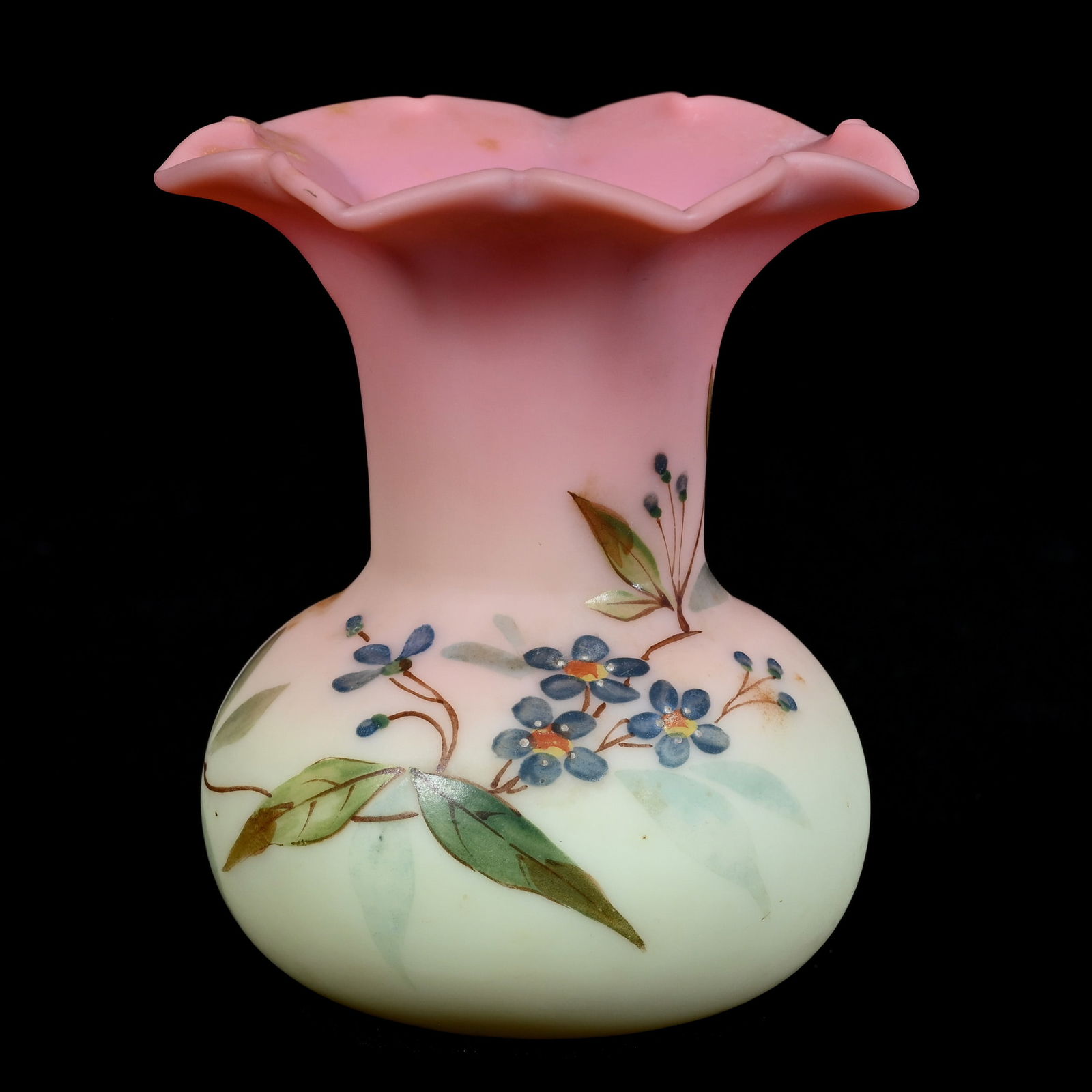 Vase, Decorated Burmese Art Glass: Vase, Decorated Burmese Art Glass, 3.5" x 3", Star Crimped Rim, Floral Decor, Attributed To Thomas Webb, Grady And Annette Hite Collection, NC.