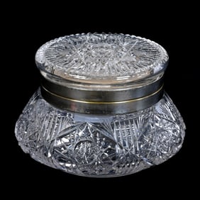 Vanity Box, American Brilliant Cut Glass, Inset Beveled Mirror, Flashed Hobstar Lid