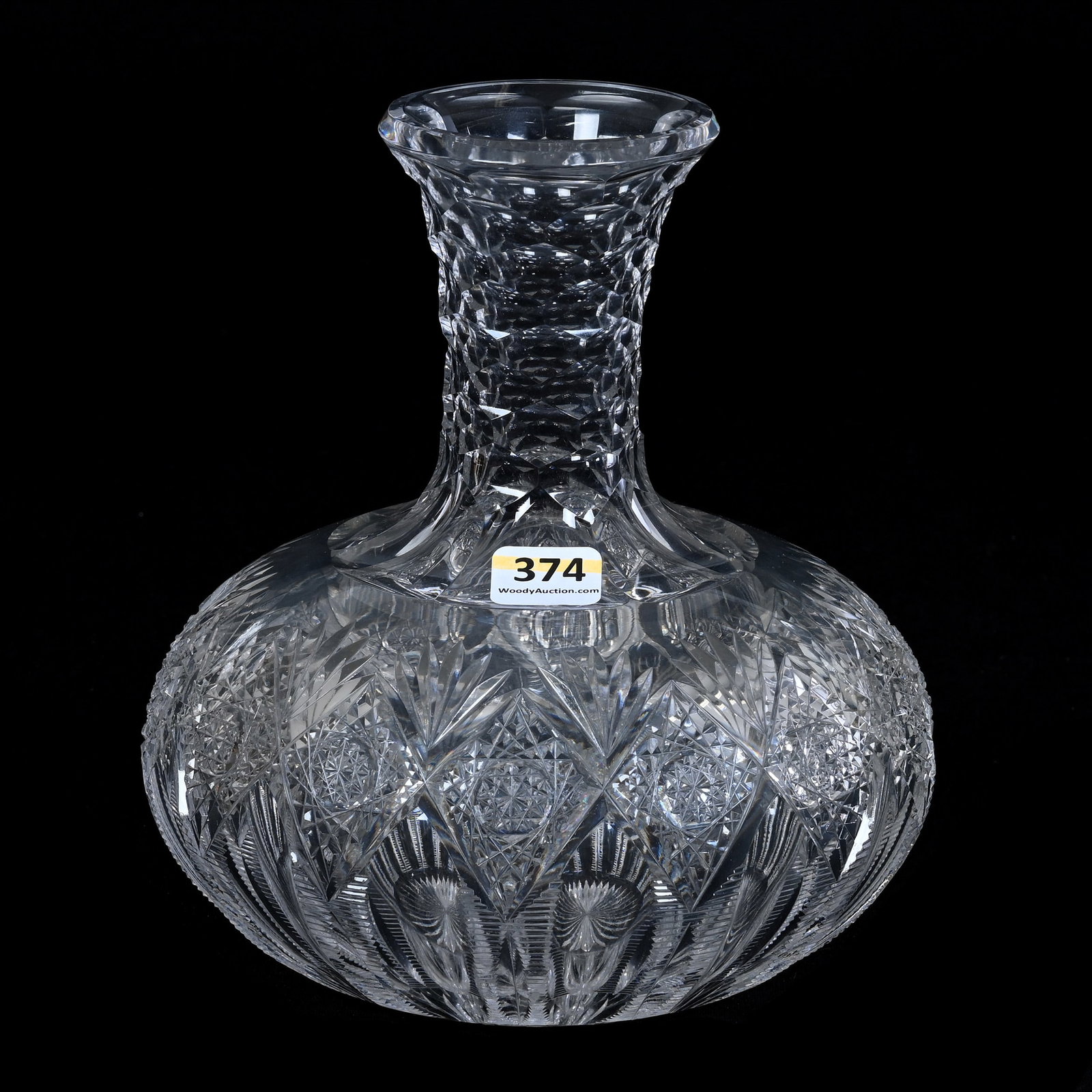 Water Carafe, American Brilliant Cut Glass, Signed Hawkes Brunswick Pattern: Water Carafe, American Brilliant Cut Glass, Signed Hawkes Brunswick Pattern, 7.25" x 6.5", Ray Cut Base, Grady And Annette Hite Collection, NC.