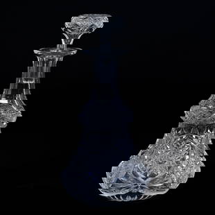 Decanter, Brilliant Period Cut Glass, Hobstar, Vesica, Strawberry Diamond And Fan Motif: Decanter, Brilliant Period Cut Glass, Hobstar, Vesica, Strawberry Diamond And Fan Motif, 10.25" x 5", Ray Cut Base, Grady And Annette Hite Collection, NC.