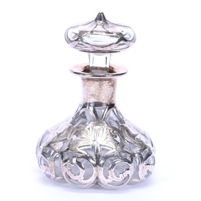Perfume Bottle, Clear Crystal Art Glass, Melon Ribbed, Extensive Sterling Silver Overlay