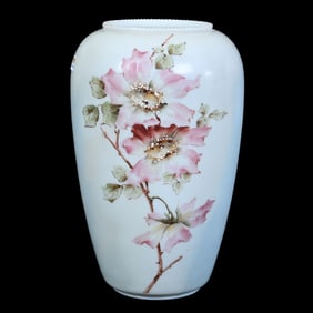 Vase, Unmarked Wave Crest, Scroll Mold, Cream Tones With Pink Floral Decor