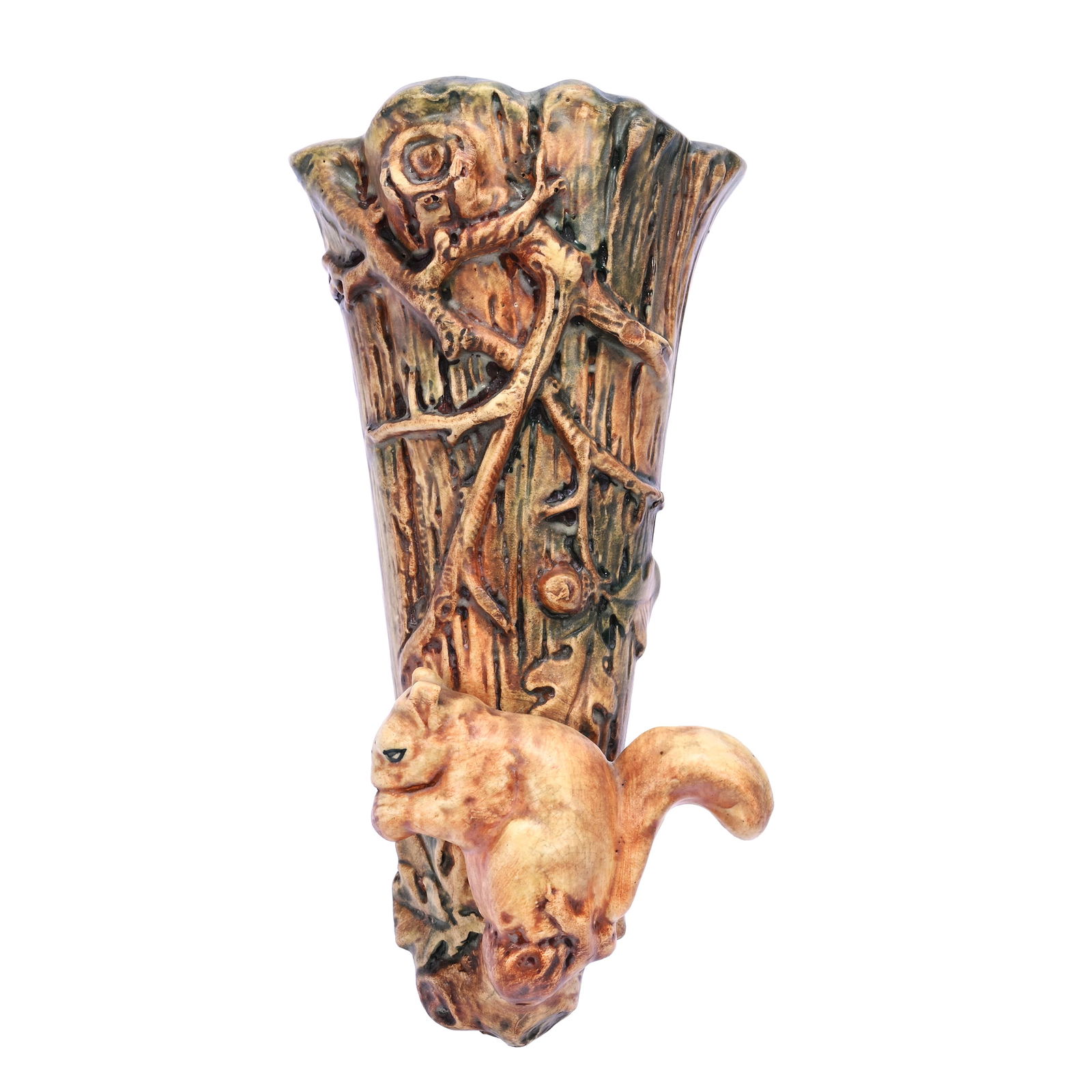 Wall Pocket, Unmarked Weller Art Pottery, Woodcraft Pattern With Squirrel (1 of 4)