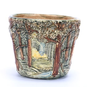 Flower Pot, Marked Weller Art Pottery Woodland Forest Pattern