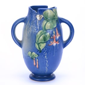 Two Handled Vase, Marked Roseville Art Pottery - Fuchsia Pattern, Blue Tones