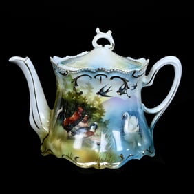 Tea Pot, Marked Wheelock Prussia - Three Scene: Bluebirds, Barnyard And Swan Decor