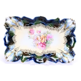 Dresser Tray, Marked R.S. Prussia Iris Mold - Cobalt Blue And Green With Cream Center, Floral Decor