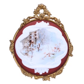 Round Wall Plaque, Unmarked Wave Crest Scroll Mold, Maroon Border Forest Path Scenic Decor