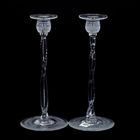 Pair Candlesticks, ABCG, Signed Libbey, Twist Stem, Engraved Floral Highlights