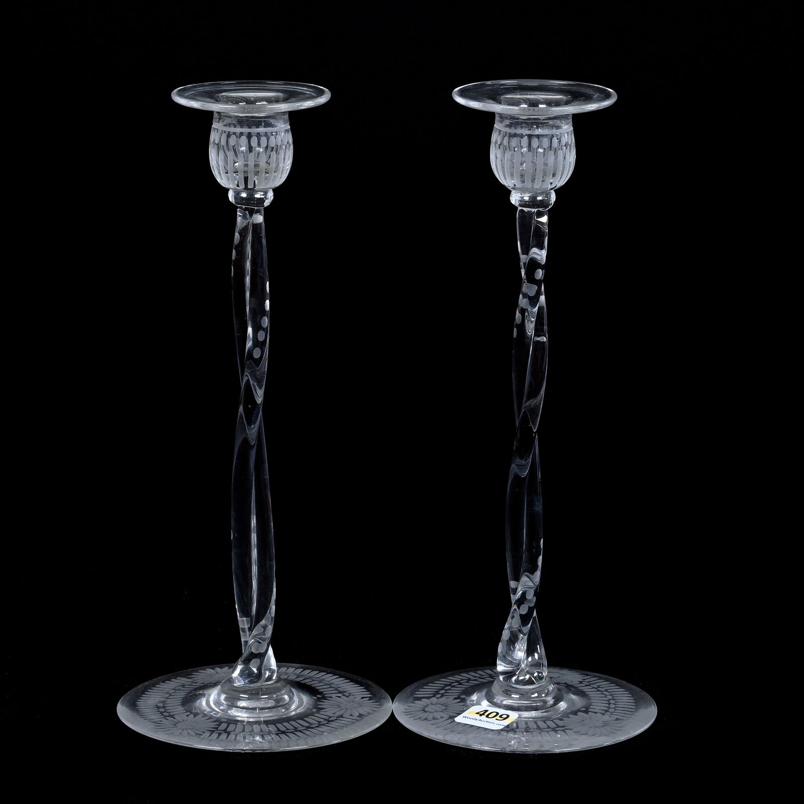 Pair Candlesticks, ABCG, Signed Libbey, Twist Stem, Engraved Floral Highlights (1 of 3)
