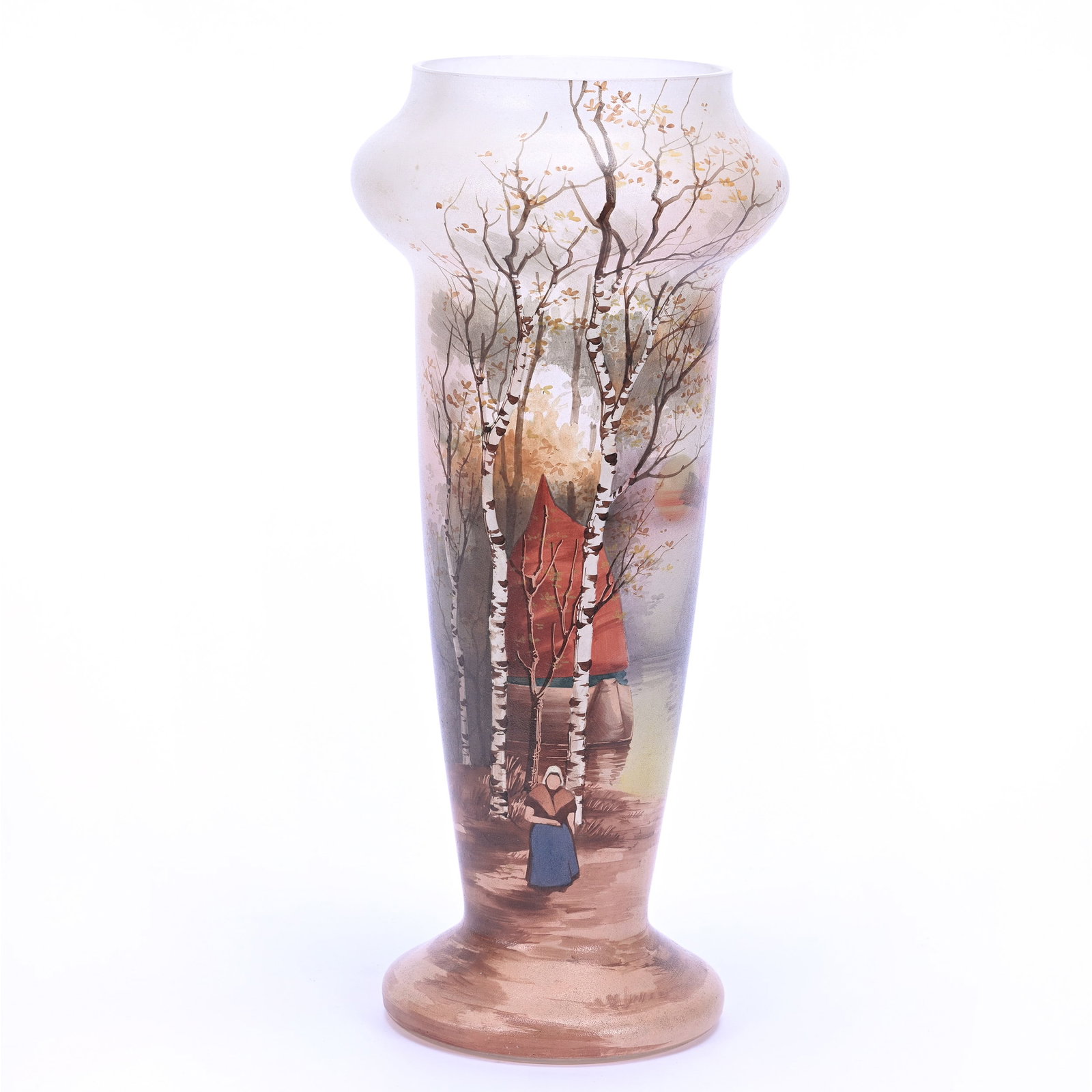 Vase, Unmarked Le Gras French Art Glass: Vase, Unmarked Le Gras French Art Glass, 13.25" x 6", Frosted Ground With Enameled Dutch Harbor Scenic Decor, Grady And Annette Hite Collection, NC.