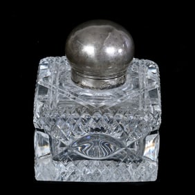 Square Inkwell, Brilliant Period Cut Glass, Crosscut Diamond And Clear Tusks Motif