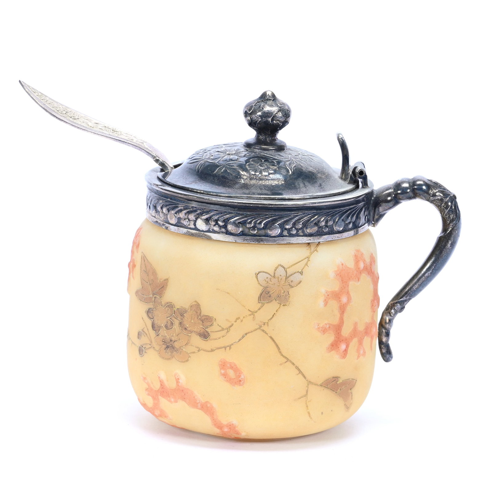 Mustard Jar, Unmarked Crown Milano Art Glass: Mustard Jar, Unmarked Crown Milano Art Glass, 3.75" x 3.75", Cream Tones With Embossed Coral Design, Silverplate Lid And Bail, Lid Does Not Currently Have A Hinge Pin, Grady And Annette Hite Collectio