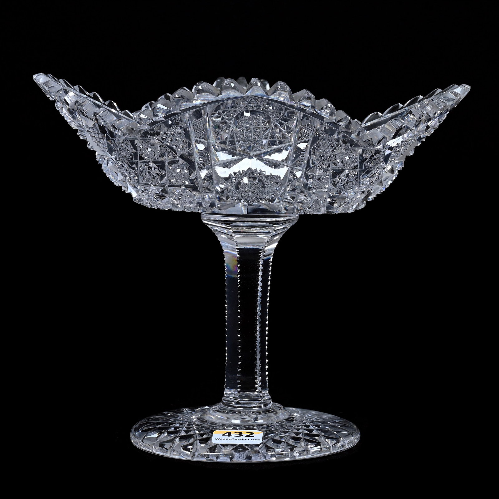 Compote, American Brilliant Cut Glass, Well Cut Hobstar Cluster Motif: Compote, American Brilliant Cut Glass, Well Cut Hobstar Cluster Motif, 6.75" x 7.75" x 6.75", Solid Notched Stem, Hobstar Foot, One Tooth With Hard To See Outside Rim Chip, Grady And Annette Hite Coll