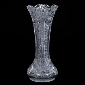 Vase, American Brilliant Cut Glass, Hobstar, Strawberry Diamond, Zipper And Fan Motif