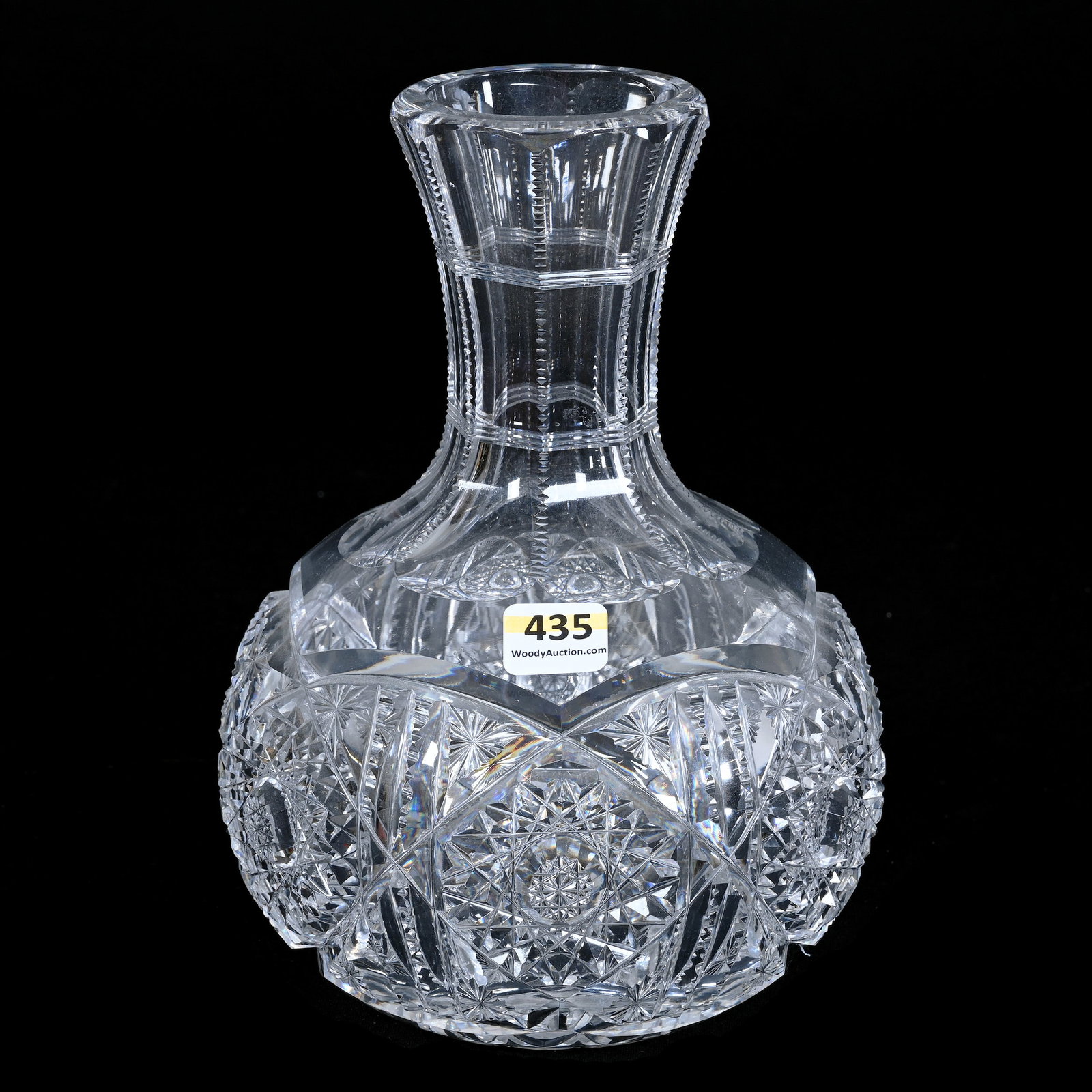 Water Carafe, American Brilliant Cut Glass, Hobstar, Prism And Star Motif: Water Carafe, American Brilliant Cut Glass, Hobstar, Prism And Star Motif, 8.25" x 6", Hobstar Cut Base, Grady And Annette Hite Collection, NC.