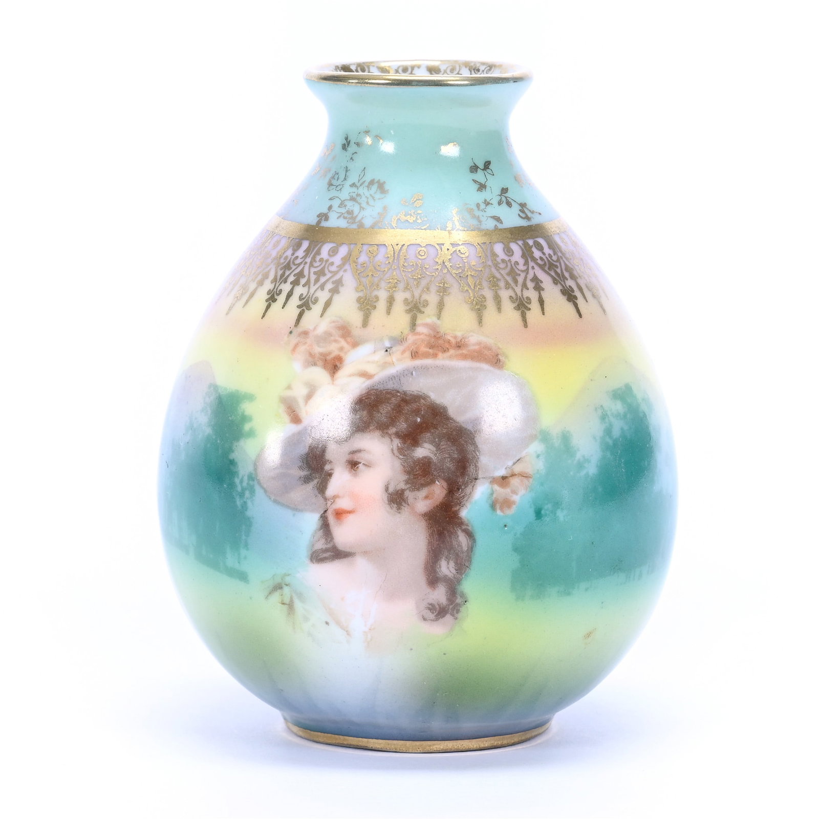 Vase, Royal Bayreuth Blue Mark: Vase, Royal Bayreuth Blue Mark, 3.5" x 2.75", Gibson Girl Portrait, Green And Yellow Tones, Gold Stencil Highlights, Grady And Annette Hite Collection, NC.