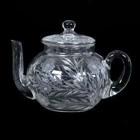 Tea Pot, American Brilliant Cut Glass, Signed Fry Engraved Floral Pattern