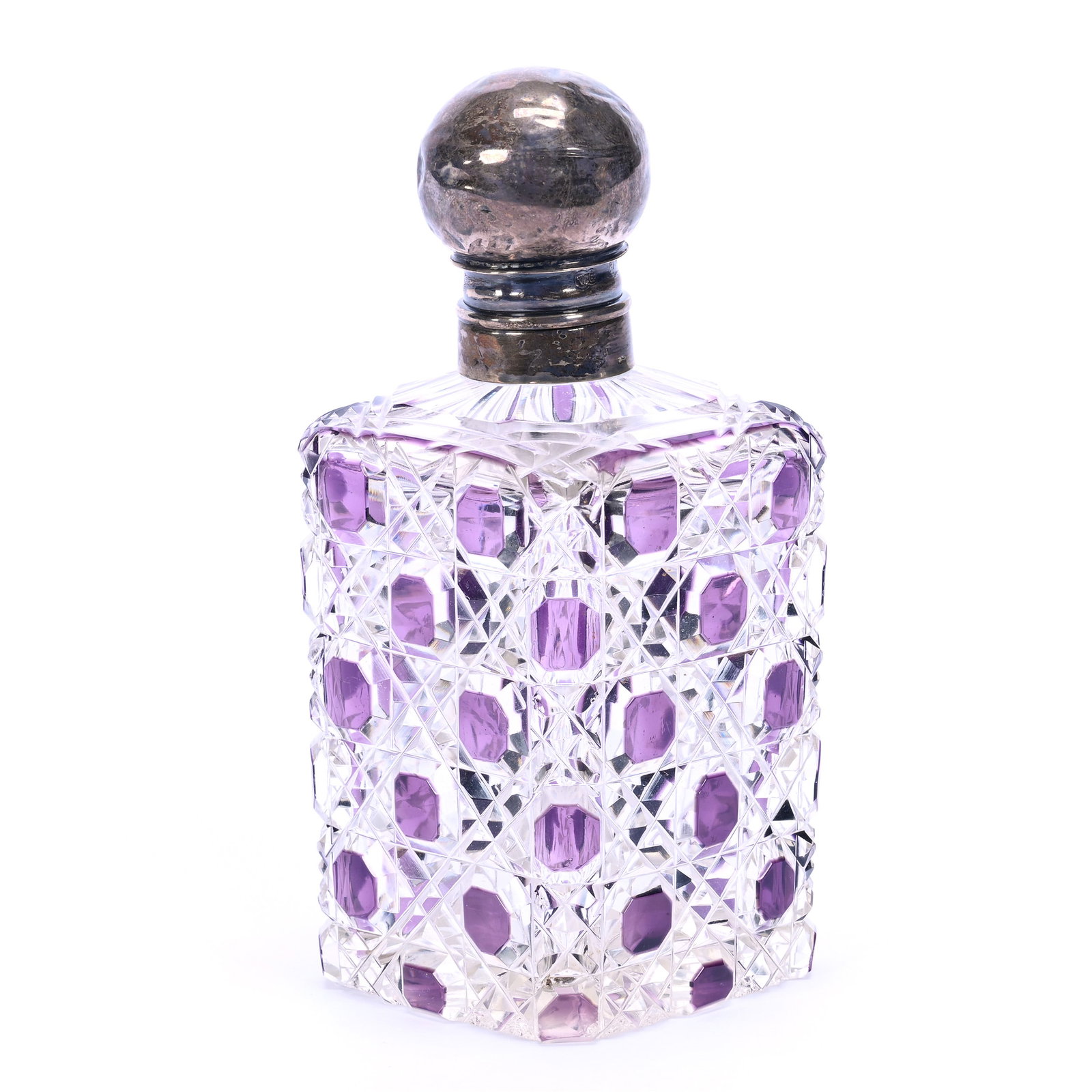 Cologne Bottle, Brilliant Period Cut Glass, Amethyst Cut To Clear, Cane Pattern: Cologne Bottle, Brilliant Period Cut Glass, Amethyst Cut To Clear, Cane Pattern, 5" x 2.25", Sterling Silver Cap, No Stopper, Grady And Annette Hite Collection, NC.