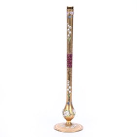 Pedestal Bud Vase, Italian Art Glass, Cranberry And Blue Highlights