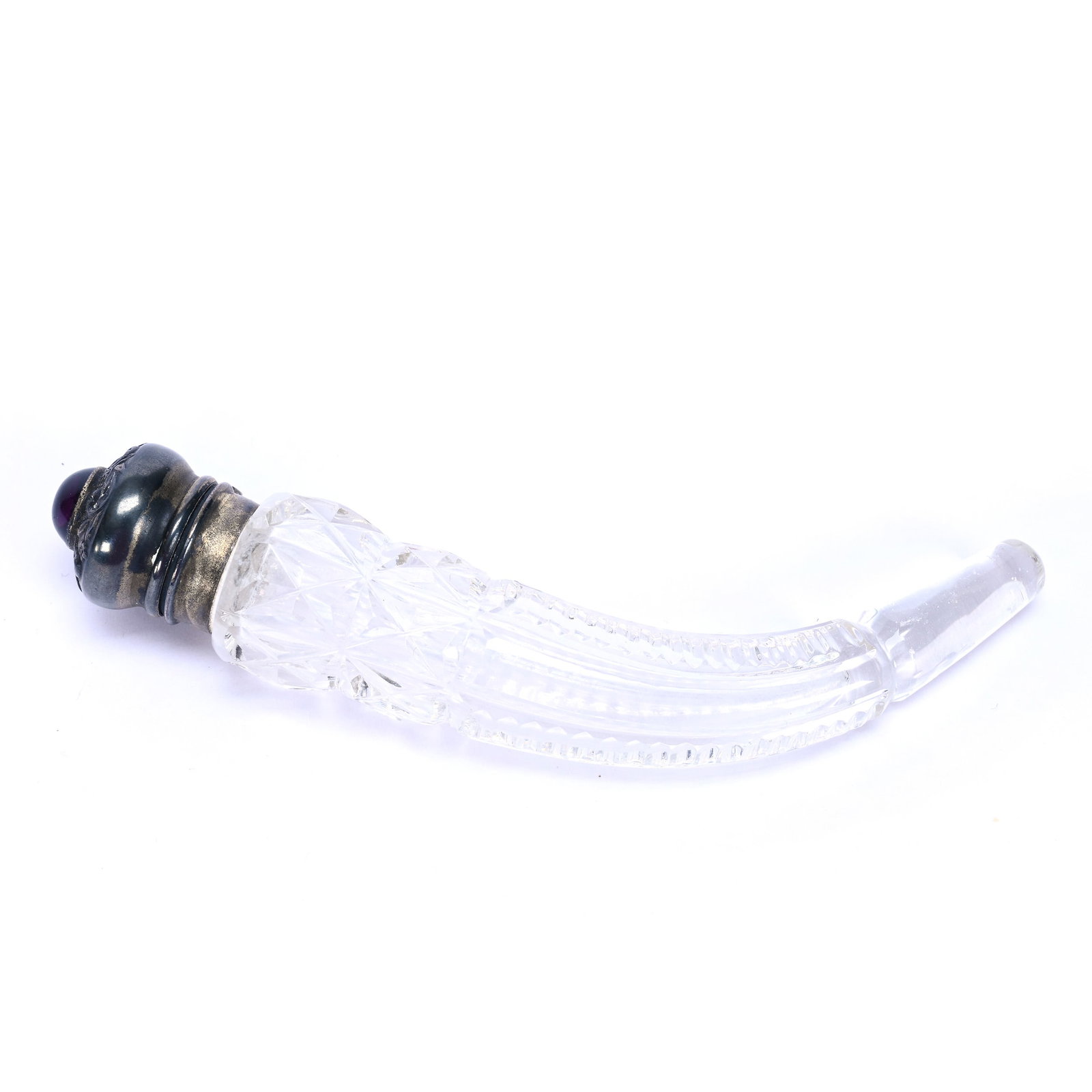 Lay Down Perfume, Horn Shape, Brilliant Period Cut Glass, Geometric Cut Design: Lay Down Perfume, Horn Shape, Brilliant Period Cut Glass, Geometric Cut Design, 4.5" x 0.75", Silver Flip Lid With Inset Amethyst, No Stopper, Grady And Annette Hite Collection, NC.