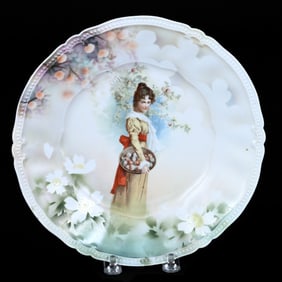 Plate Marked R.S. Prussia, White And Green Satin, Rare Charmer Holding Apple Scenic Decor