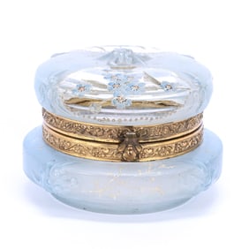 Jewel Box, Wave Crest Stamp Mark, Pink Frosted Crystal, Blue Floral Decor