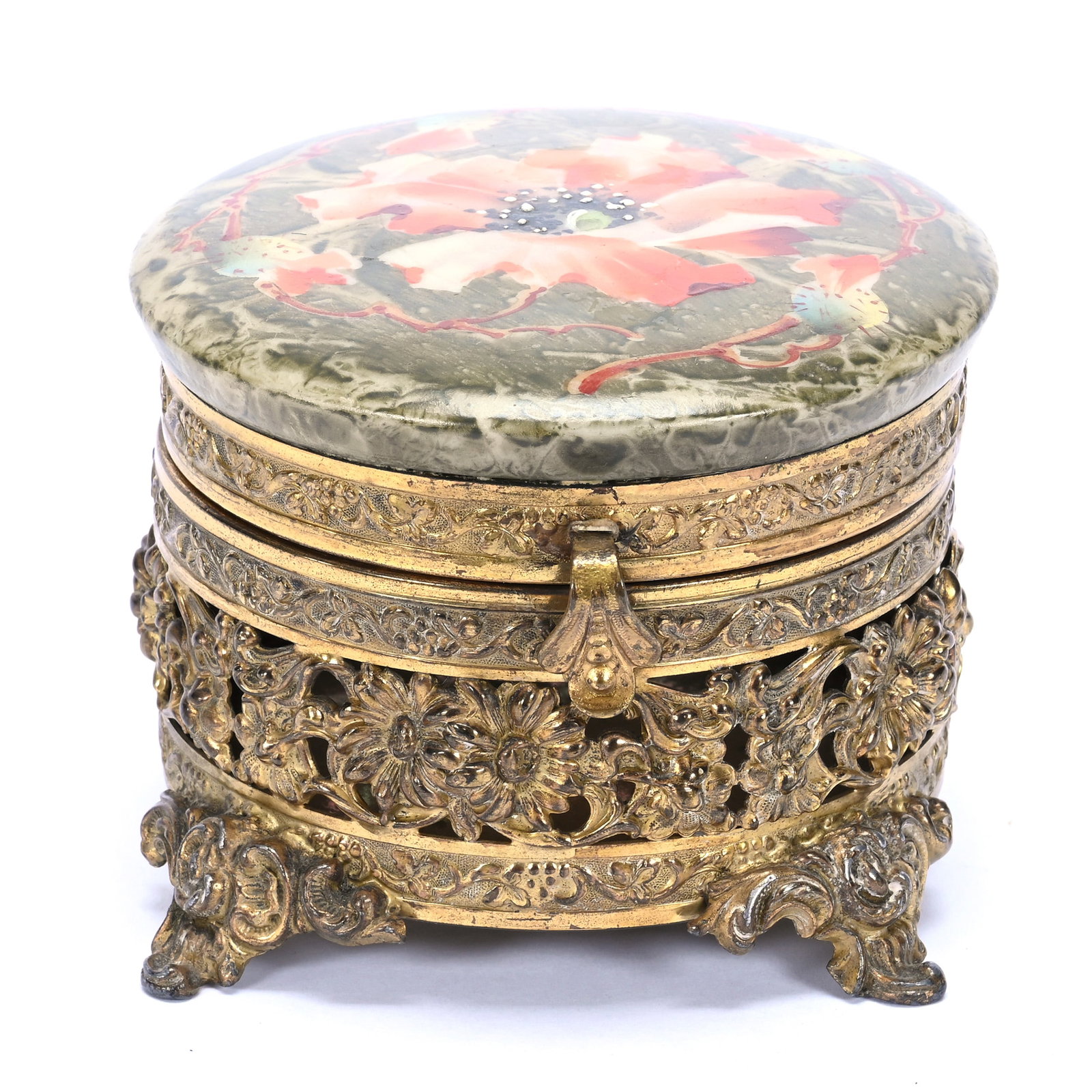 Jewel Box, Unmarked Kelva: Jewel Box, Unmarked Kelva, 3" x 4.5", Green Mottled Lid, Orange Poppy Decor, Mounted On Elaborate Gilt Metal Base, Grady And Annette Hite Collection, NC.
