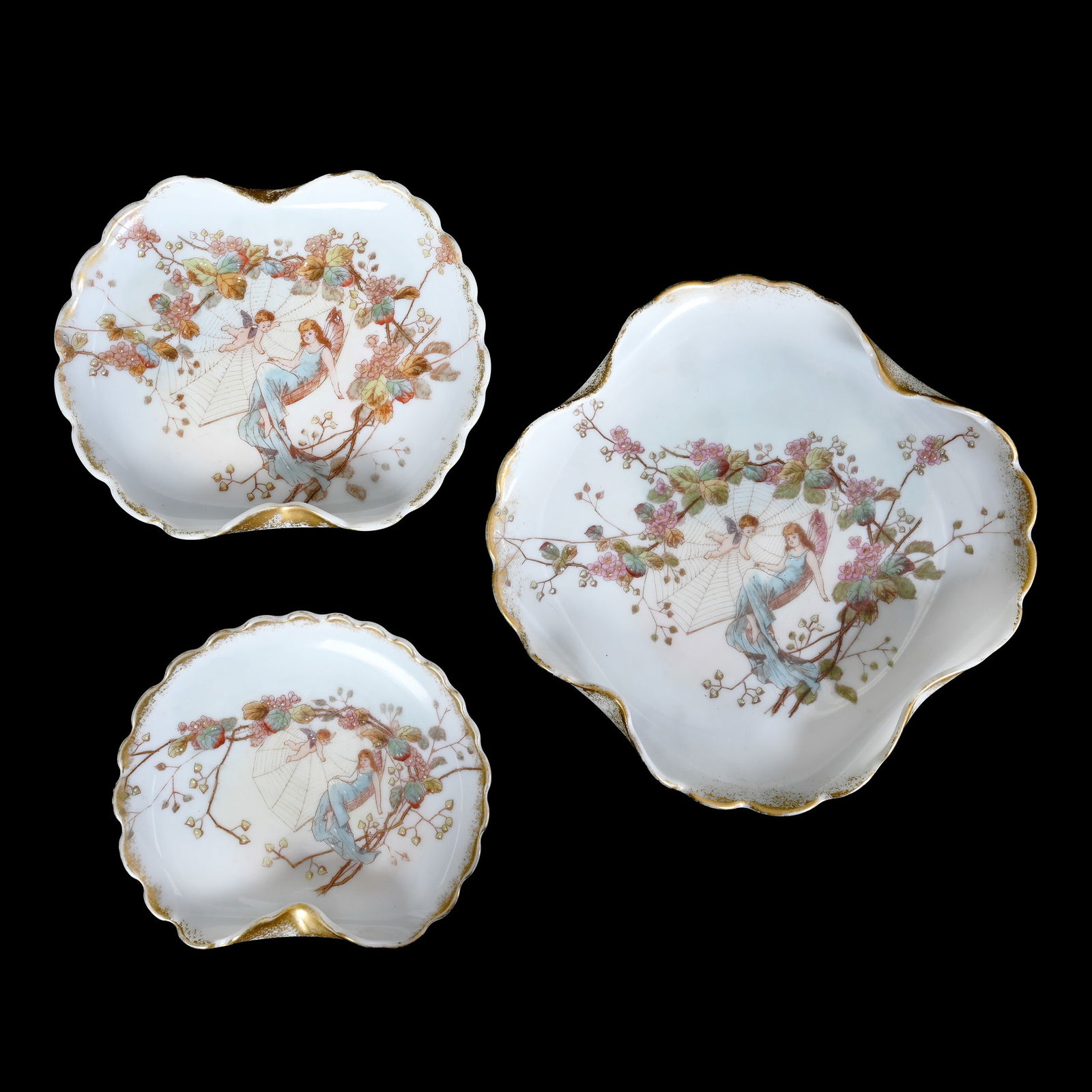 (3) Unmarked C.F. Monroe Plates With Scene Of Cherub And Fairy Trapped In Spider Web (1 of 2)