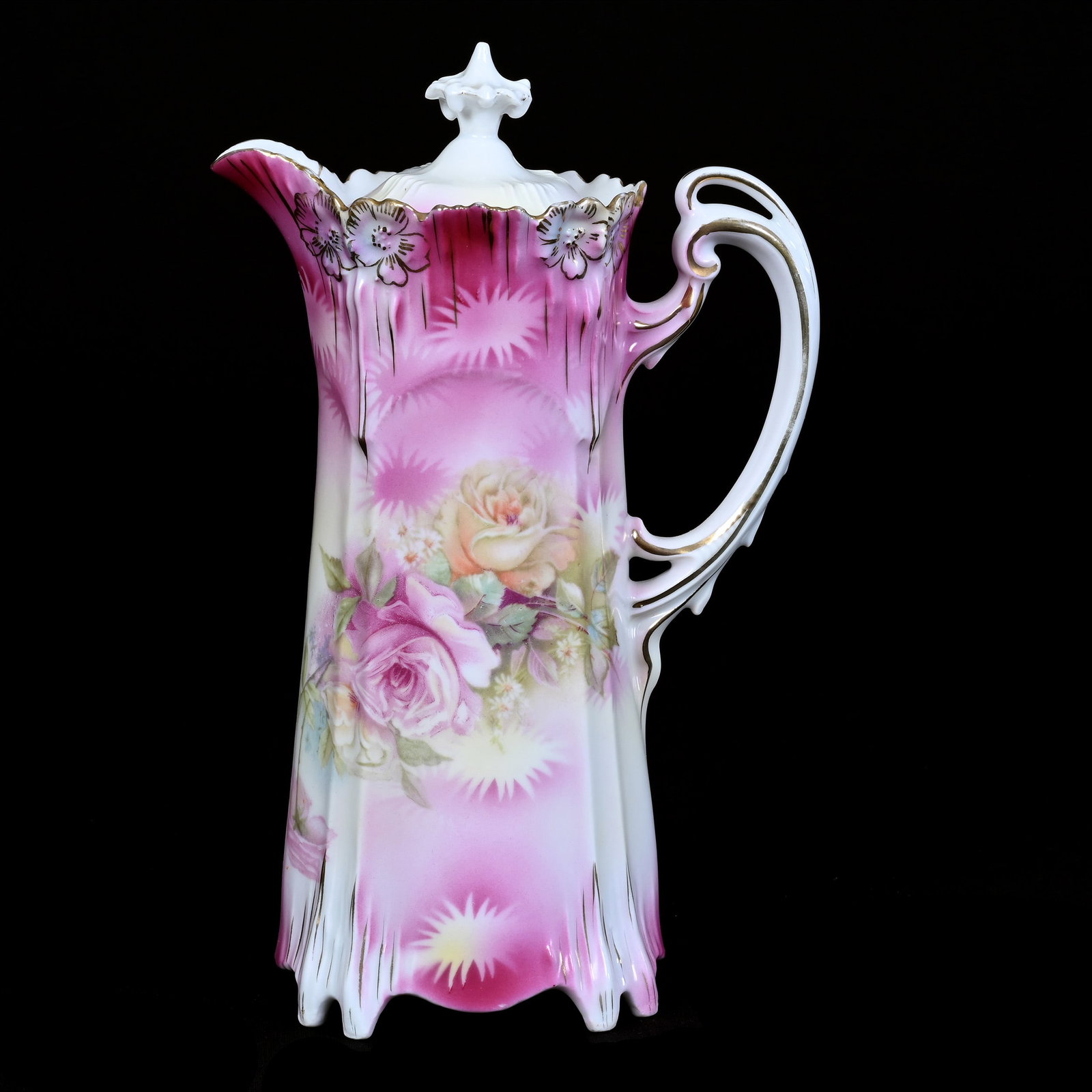 Chocolate Pot, Unmarked R.S. Prussia, Icicle Mold: Chocolate Pot, Unmarked R.S. Prussia, Icicle Mold, 9.5" x 5.75", Pink And Yellow Tones, Pink And Yellow Rose Decor, Grady And Annette Hite Collection, NC.