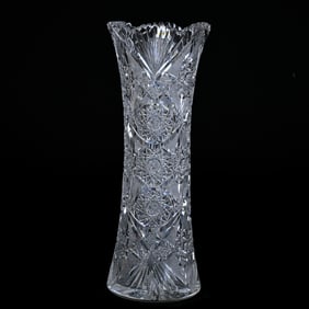 Vase, American Brilliant Cut Glass, Well Cut Hobstar, Vesica, Strawberry Diamond And Fan Motif