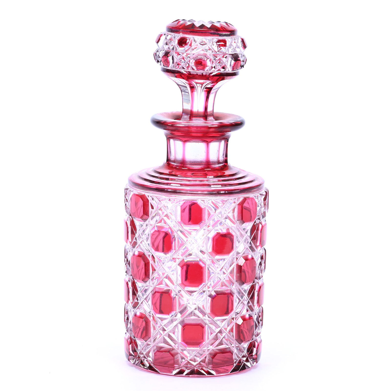Cologne Bottle, Brilliant Period Cut Glass, Red Cut To Clear: Cologne Bottle, Brilliant Period Cut Glass, Red Cut To Clear, 6" x 2.5", Cane Pattern, Pattern Cut Stopper, Ray Cut Base, Grady And Annette Hite Collection, NC.