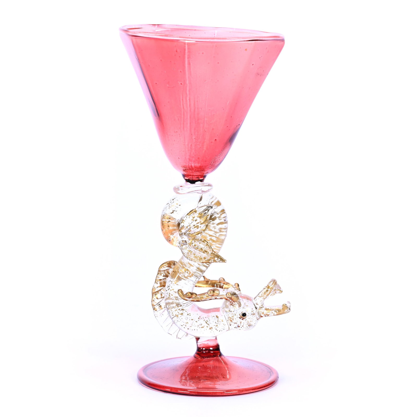 Wine Stem, Venetian Art Glass, Cranberry Bowl And Foot: Wine Stem, Venetian Art Glass, Cranberry Bowl And Foot, 5" x 2.25", Clear Figural Dragon Stem, Grady And Annette Hite Collection, NC.