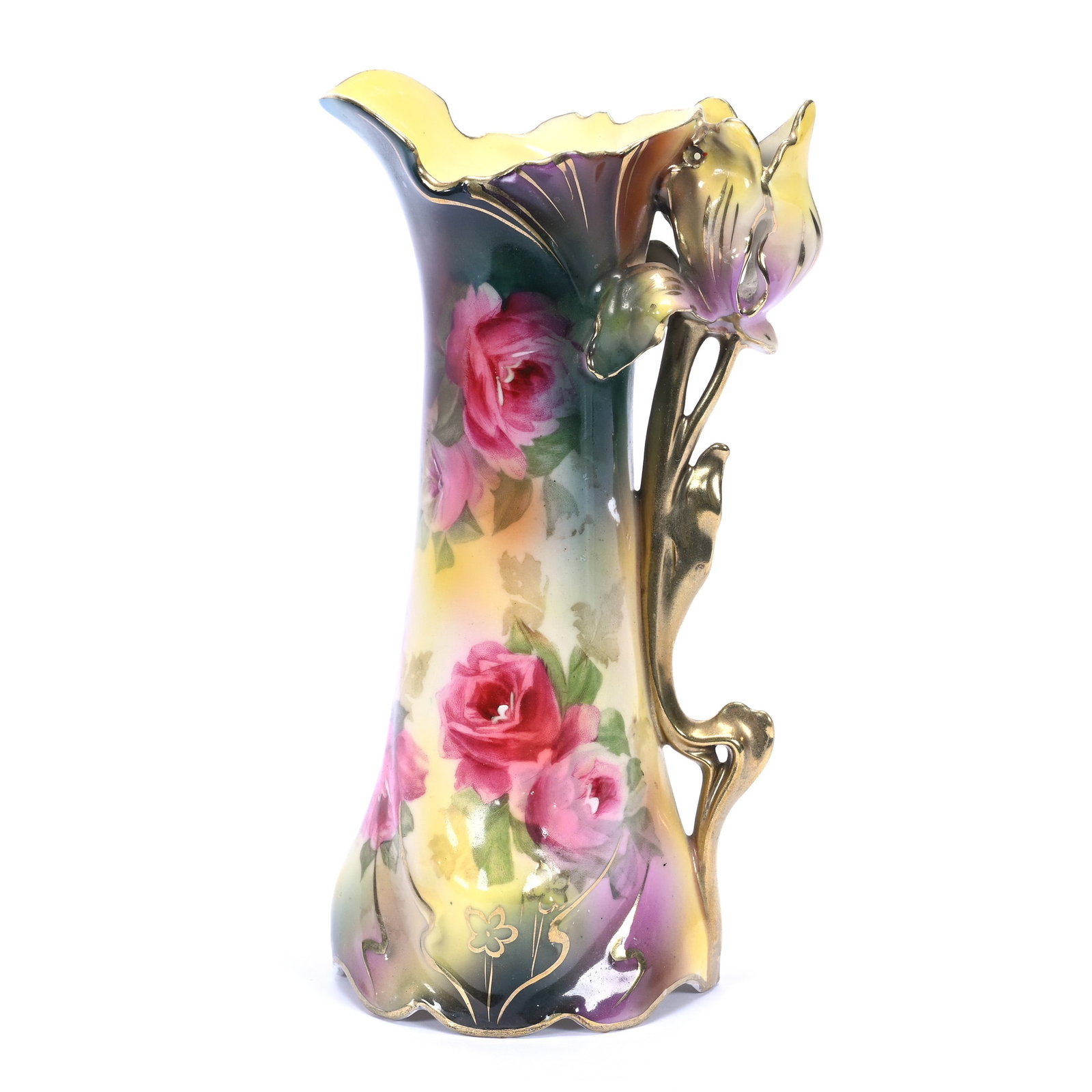 Ewer, Tulip Handle, Marked R.S. Prussia: Ewer, Tulip Handle, Marked R.S. Prussia, 7" x 3.75", Green, Yellow And Lavender Tones, Pink Rose Decor, Professional Base Repair, Grady And Annette Hite Collection, NC.