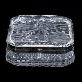 Handkerchief Box, American Brilliant Cut Glass, Engraved Floral Pattern