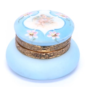 Jewel Box Marked Nakara, Blue Tones, Scene Of Cherubs Skating And Sledding