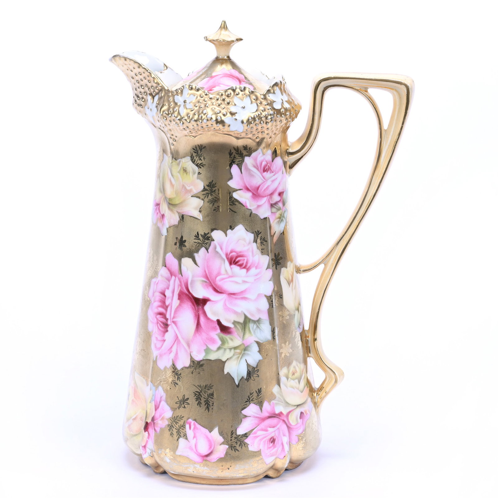 Chocolate Pot, Unmarked R.S. Prussia, Stipple Mold: Chocolate Pot, Unmarked R.S. Prussia, Stipple Mold, 9.5" x 6.5", Complete Gold Background, Pink And Yellow Rose Decor, Grady And Annette Hite Collection, NC.