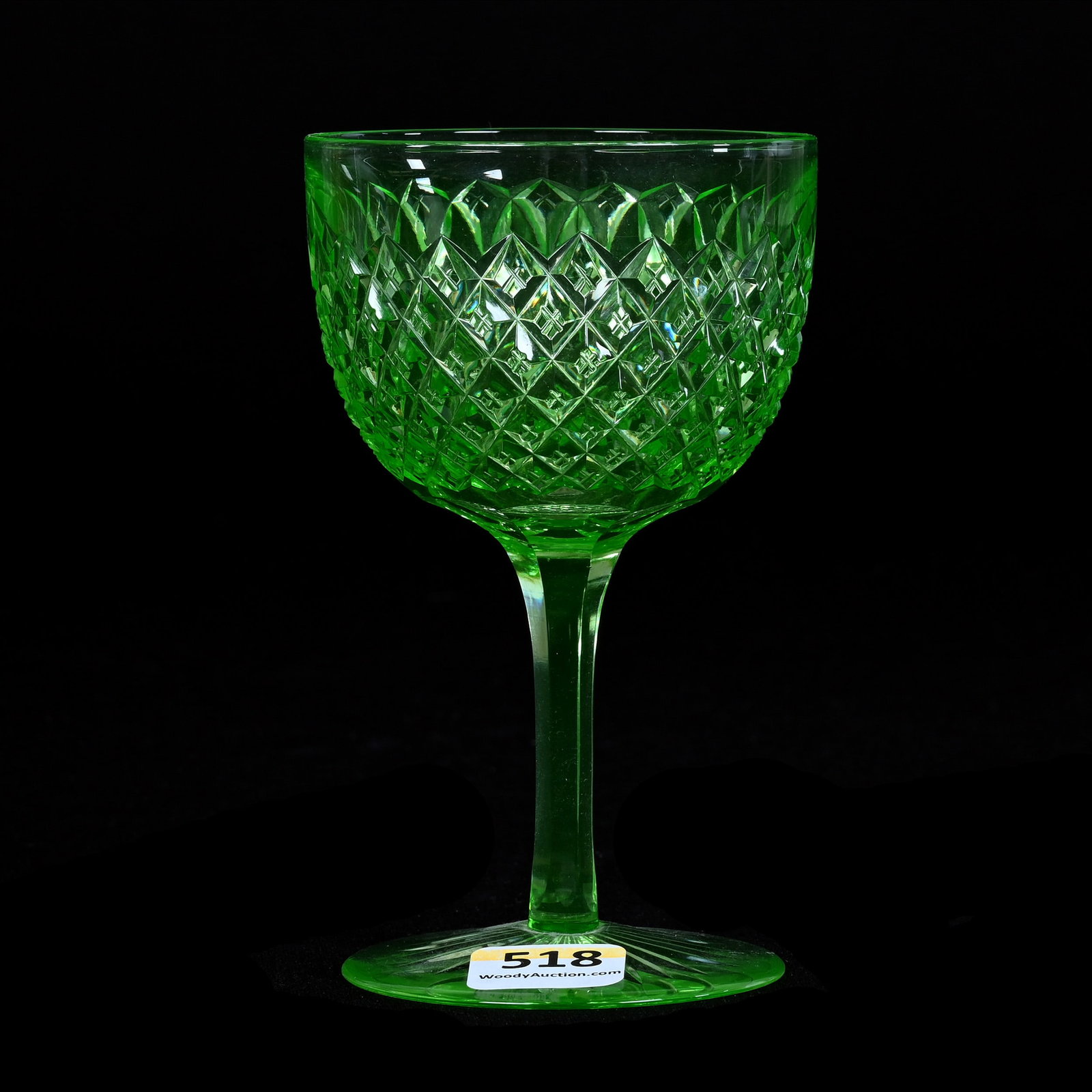 Wine Stem, American Brilliant Cut Glass, Solid Apple Green Crosscut Diamond Pattern: Wine Stem, American Brilliant Cut Glass, Solid Apple Green Crosscut Diamond Pattern, 4.75" x 3", Ray Cut Foot, Highly Reactive Under Black Light, Grady And Annette Hite Collection, NC.