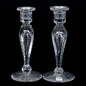 Pair Candlesticks, American Brilliant Cut Glass, Notched Teardrop Stem, Ray Cut Foot