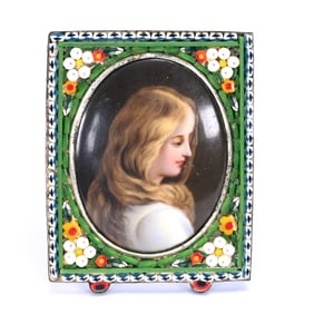 Hand Painted Porcelain Plaque Set In Micro Mosaic Frame