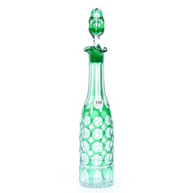 Decanter, Brilliant Period Cut Glass, Green Cut To Clear